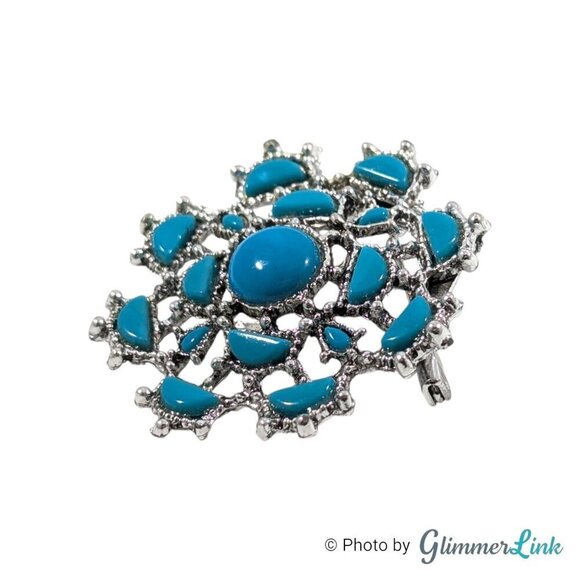 Vintage Southwestern Style Openwork Faux Turquoise Silver Tone Brooch - Picture 3 of 9